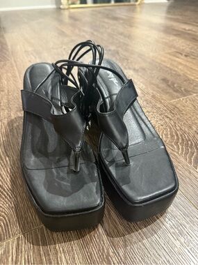 Nasty Gal Black Platform Thong Sandals with Ankle Wrap